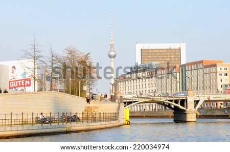 BERLIN, GERMANY - MARCH 30, 2014: View of the Television Tower in Berlin as seen from a cruise on the river Spree