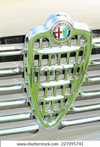 NOTTINGHAM, UK - JUNE 1, 2014: Close up of logo of an Alfa Romeo vintage car for sale in Nottingham, England.