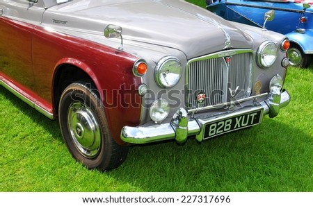 NOTTINGHAM, UK - JUNE 1, 2014: Front view of Rover 100 vintage car for sale in Nottingham, England.