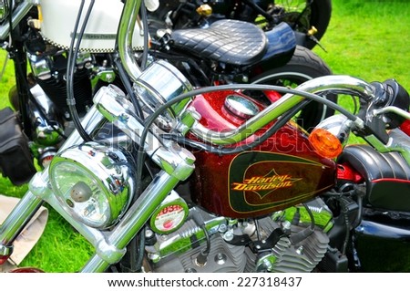 NOTTINGHAM, UK - JUNE 1, 2014: Detail of a vintage Harley Davidson motorbike for sale in Nottingham, England.