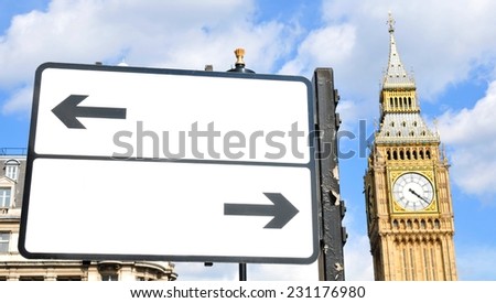 Divergent arrows customizable street sign in central London with Big Ben in the background