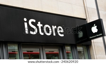 LONDON, UK - JULY 9, 2014: Close up of iStore logo in central London. The iStore is a major chain of retail stores owned by Apple Inc., selling computers and consumer electronics.