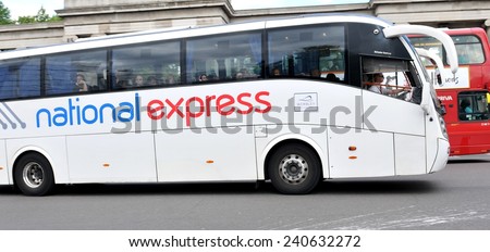 LONDON, UK - JULY 9, 2014: National express coach at St James Park. National Express is a major transport company covering over 900 destinations in the UK.