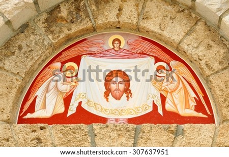Bran, Romania - June 26, 2015: Traditional Romanian religious painting decorates the walls of old church in Bran, Romania