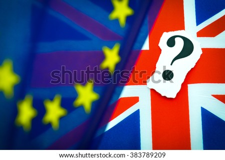 Brexit UK EU referendum concept with flags and question mark symbolising uncertainty