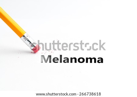 Closeup of pencil eraser and black melanoma text. Pencil with eraser. Yellow pencil.