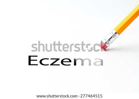 Closeup of pencil eraser and black eczema text. Eczema. Pencil with eraser.
