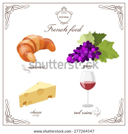 Set of french food and drink. Croissant, red wine, cheese and grapes isolated on white background with cute hand drawn frame. Vector illustration of drink and food. Logo design or menu element.