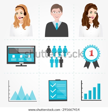 Business icon. Finance design element. Business symbol. Vector illustration of business man, woman, computer, graph, business people, call center girl.