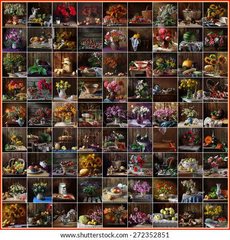 Still life, collage, flowers, bouquet, vegetables, fruit, berries. Background.