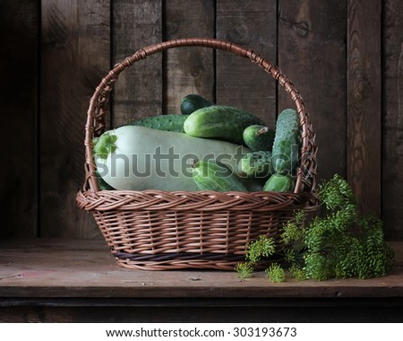 Basket with cucumbers and a vegetable marrow. A still life with cucumbers, fennel and a vegetable marrow. Salting of cucumbers.