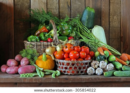Still life with vegetables: tomato, carrots, pepper, potatoes, onions, vegetable marrow, garlic, cucumber, pumpkin, fennel, peas. Vegetables close up.
