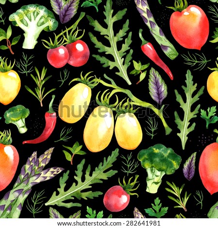 Seamless pattern with watercolor vegetables on black background