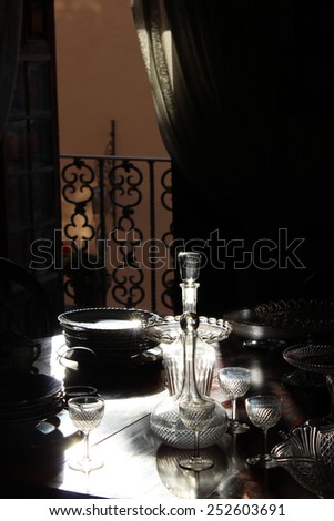 The still life with crystal in an old Spanish house