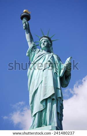 The Statue of Liberty portrait and blue sky - Liberty Island, New York, New York City, United States