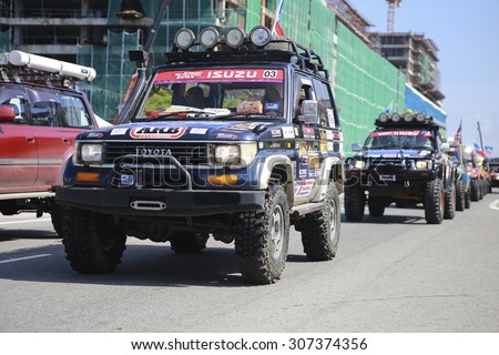 MALAYSIA - 24 JULY 2015 : fourwheel drive car on auto show at Festival Borneo Safari 2015. The event held annually to attract youngsters with outdoor activity.