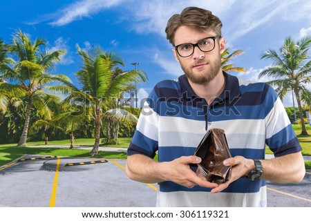 Tourist out of money. Man holding empty wallet. Thieved.