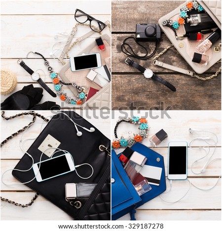 Contents of women\'s bag collage