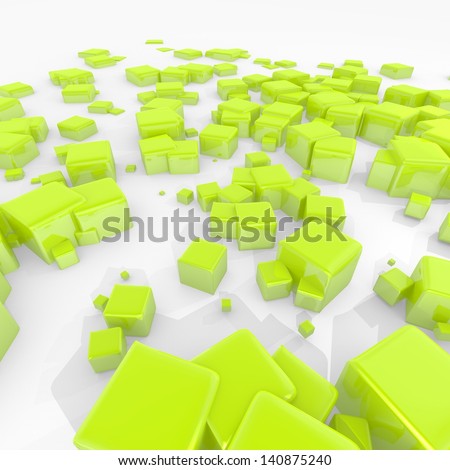 Electric lime  futuristic box 3d graphic with abstract futuristic background with scattered cubes