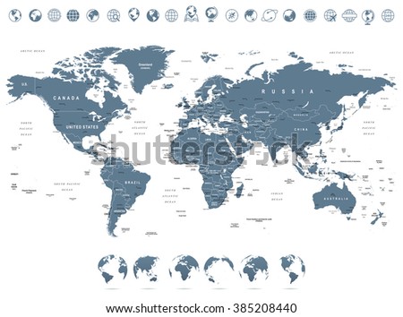 Grayscale World Map and Globe Icons - illustration


Highly detailed vector illustration of world map.

Image contains next layers:
- land contours
- country and land names
- city names
- water object