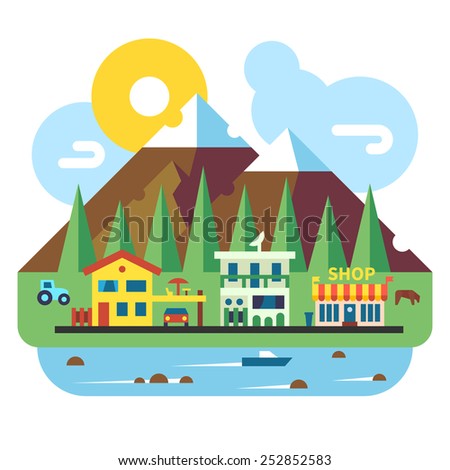 Sunny town at the foot of the mountains. Flat vector illustration.
