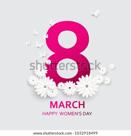8 March. Happy Mother\'s Day. Paper cut Butterfly with flower holiday background