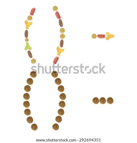 Punctuation marks of dry cat and dog food, isolated on white background. Punctuation mark   parenthesis and dashes