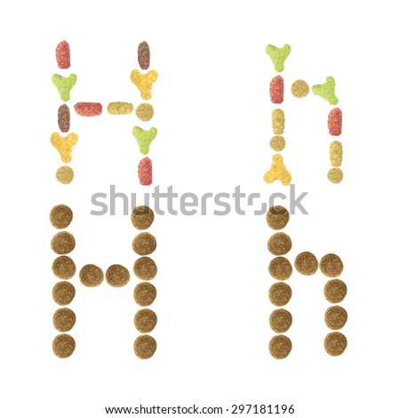 English alphabet ABC of dry cat and dog food, isolated on white background. Letter H.