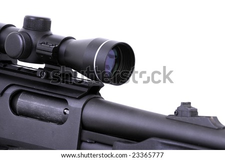 Shotgun with a rifle-scope  . 12 Caliber . selective focus white background