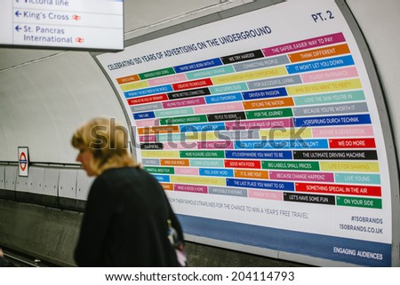 LONDON, UNITED KINGDOM - SEPTEMBER 01, 2013: London Tube Underground celebrates its 150 anniversary. To mark this date of the London\'s tube system, giant advertising poster are exposed on stations.