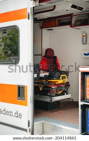 BADEN, GERMANY - May 3, 2012: Interior of an empty emergency german ambulance Emergency Medical Service German Red Cross 112. This service is financed by the German health insurance companies.