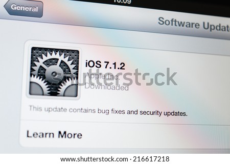 PARIS, FRANCE - September 10, 2014: iOS software update for digital tablet iPad as seen on 10 September 2014, just after the announcement of the new operation software iOS 8