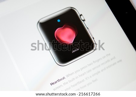 PARIS, FRANCE - September 10, 2014: Apple Computers website close up details seen on iPad with the newly launched Apple Watch Standard wearable technologies as seen on 10 September, 2014