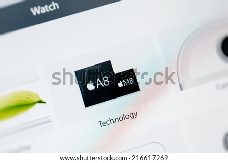 PARIS, FRANCE - September 10, 2014: Apple Computers website with the newly launched Apple iPhone 6 and iPhone 6 Plus chip details as seen on 10 September, 2014