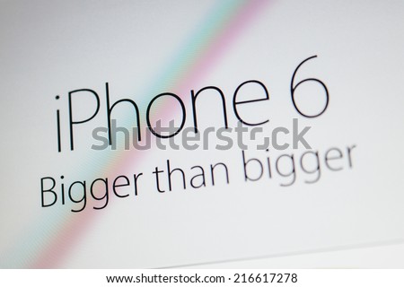 PARIS, FRANCE - September 10, 2014: Apple Computers website with the newly launched smart phones Apple iPhone 6 and iPhone 6 Plus slogan \