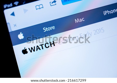 PARIS, FRANCE - September 10, 2014: Apple Computers website close up on iPad tablet details with the newly launched Apple Watch coming soon announcement as seen on 10 September, 2014