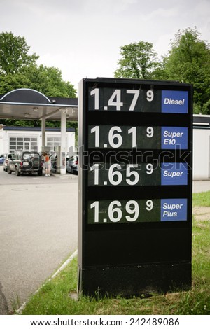 PARIS, FRANCE - MAY 31, 2012: A sign with gas prices just before the gas station pumps