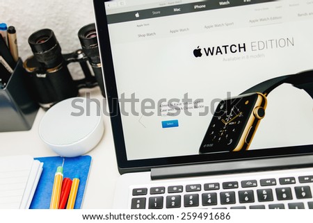 PARIS, FRANCE - MAR 10, 2015: Apple Computers website on MacBook Retina in room environment showcasing 15000 USD Apple Watch Edition seen on 10 March, 2015