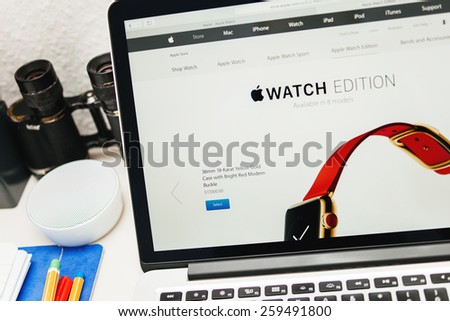 PARIS, FRANCE - MAR 10, 2015: Apple Computers website on MacBook Retina in room environment showcasing 17000 USD Apple Watch Edition as seen on 10 March, 2015