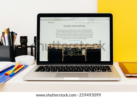 PARIS, FRANCE - MAR 10, 2015: Apple Computers website on MacBook Retina in room environment showcasing how quiet is new MacBook as seen on 10 March, 2015