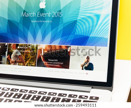 PARIS, FRANCE - MAR 10, 2015: Apple Computers website on MacBook Retina in room environment showcasing HBO Now, ResearchKit and March Event  as seen on 10 March, 2015