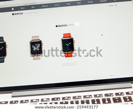 PARIS, FRANCE - MAR 10, 2015: Apple Computers website on MacBook Retina in room environment showcasing  Apple Watch Edition range as seen on 10 March, 2015