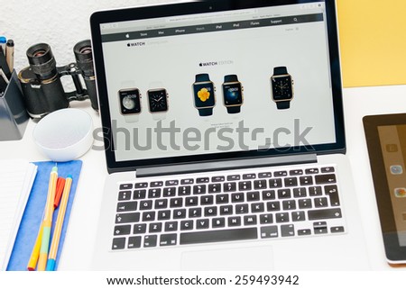 PARIS, FRANCE - MAR 10, 2015: Apple Computers website on MacBook Retina in room environment showcasing Apple Watch Edition range as seen on 10 March, 2015