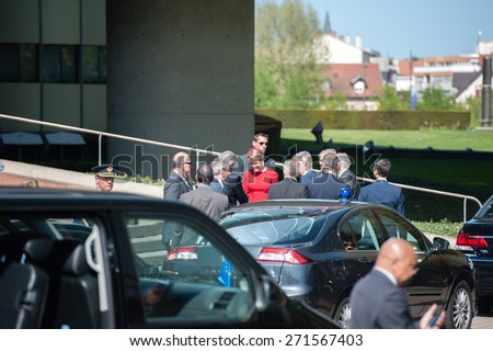 STRASBOURG, FRANCE - APRIL 21, 2015: Filip of Belgium and Queen Mathilde of Belgium arrive to visit the European Court of human Rights in Strasbourg, eastern France, on April 21, 2015.
