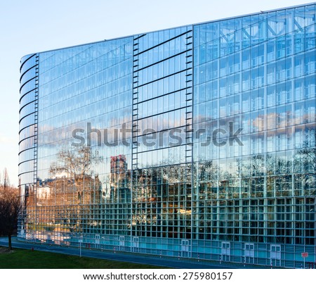 STRASBOURG, FRANCE - JANUARY 28, 2014: East Facade of the  European Parliament with the plenary room behid in Strasbourg, France