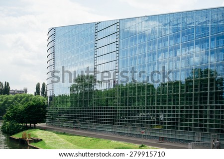 East glass facade of the European Parliament building in Strasbourg, France. The European Parliament is the directly elected parliamentary institution of the European Union (EU).