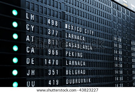 Airport departure board (For Mexico City, Larnaca, Casablanca, Pekin, Belgrade, Dubrovnik)