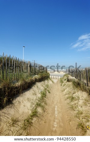 A beautiful path through the dunes and Marram grass against blue sky with end to the sea. Useful file for your brochure about European sea coast, ecology and eco tourism.