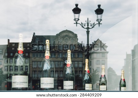 STRASBOURG, FRANCE - SEPTEMBER 21, 2014: Moet & Chandon or Moet different sizes of bottles, is a French winery and co-owner of the luxury goods company Moet-Hennessy Louis Vuitton.