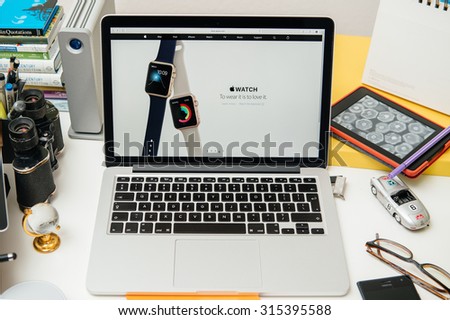PARIS, FRANCE - SEP 10, 2015: Apple Computers website on MacBook Pro Retina in a creative room environment showcasing the newly announced Apple Watch update